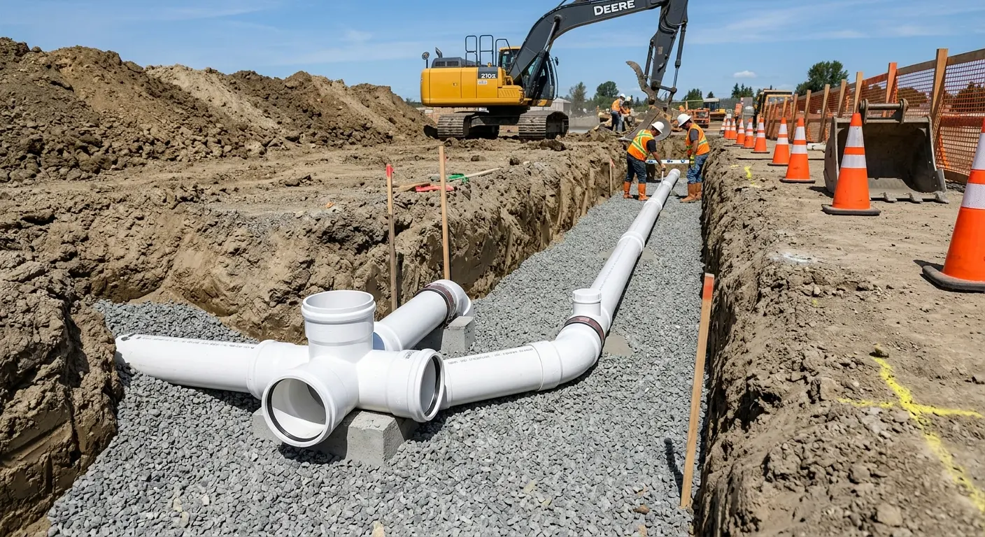 New PVC sewer pipe installation in open trench for Commercial Drain Cleaning in Potomac Mills