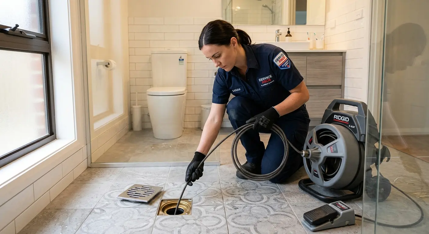 Technician clearing a bathroom floor drain for Drain Cleaning in Potomac Mills